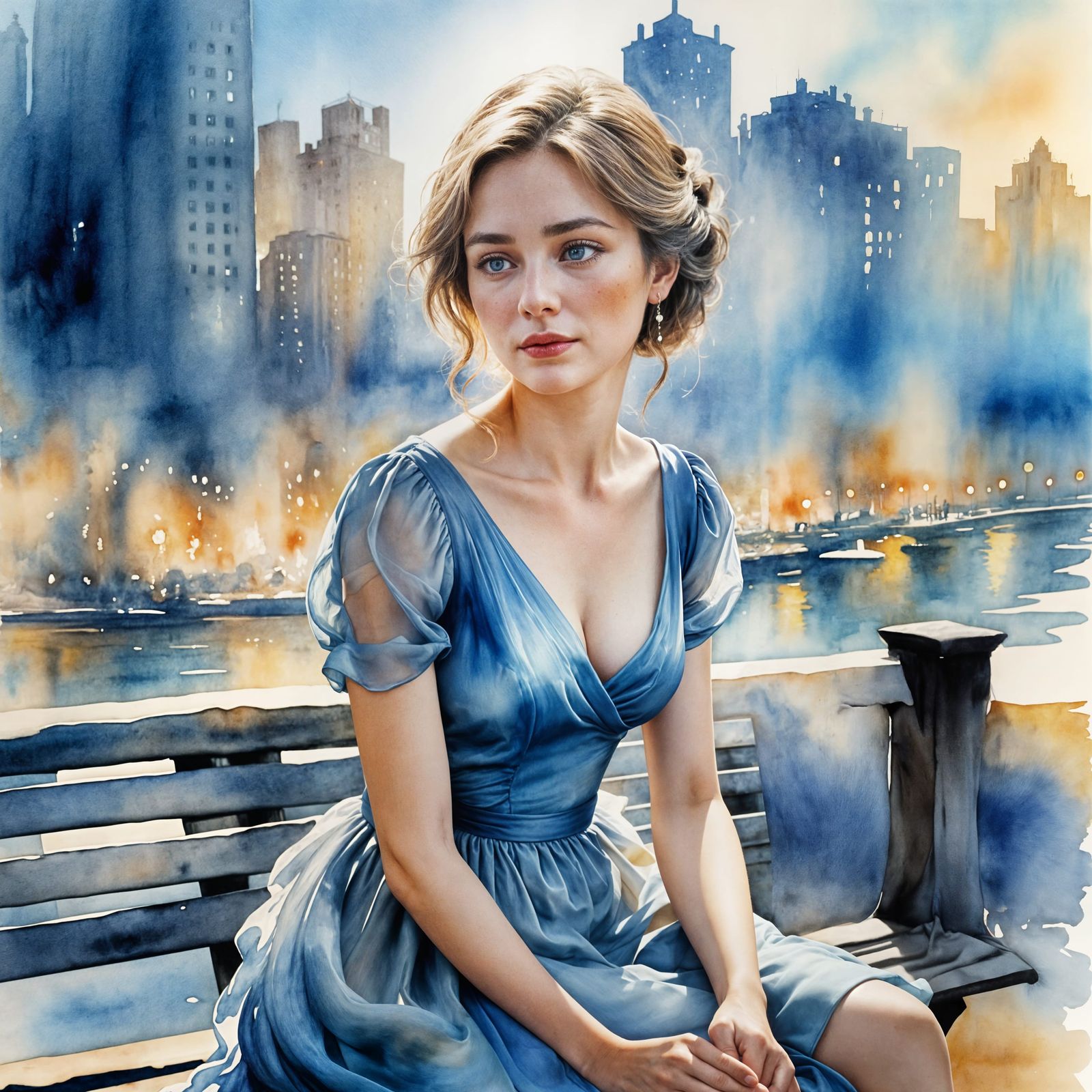 Sad Woman in Blue: Watercolour Painting