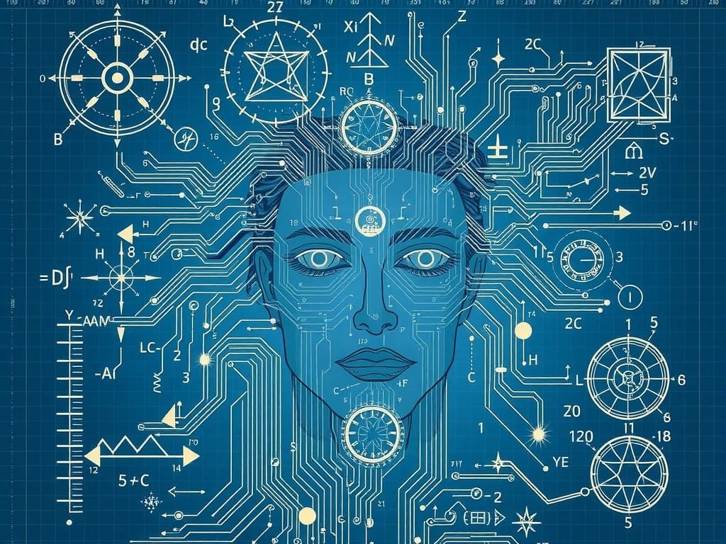 Blueprint of making a beautiful man ,  electronic circuit with magical symbols, equations and mathematical formulas, whi...