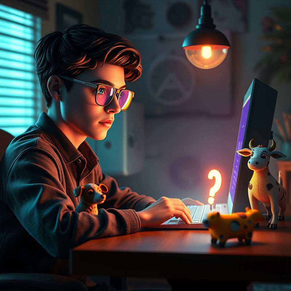 Bachelor at Computer Surrounded by Figurines