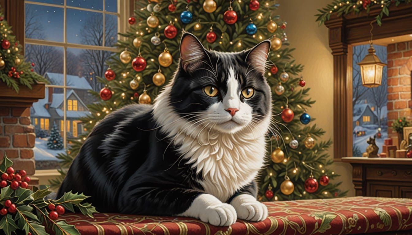 Majestic Cat Admires Christmas Tree
