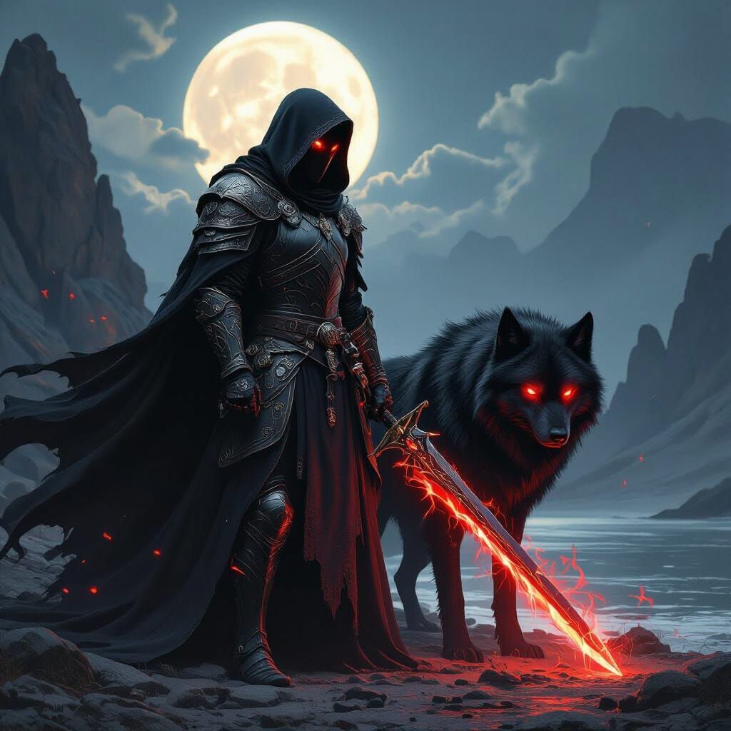 Armored Warrior and Wolf with Fiery Sword in Dark Fantasy La...