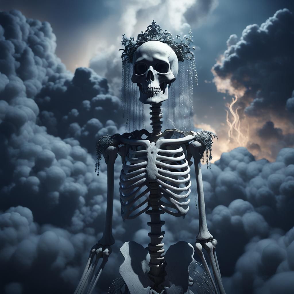 Smokey Skeleton Bride Floats in Night Clouds