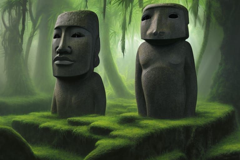 Moss Covered Tiki Gods in Jungle Fantasy