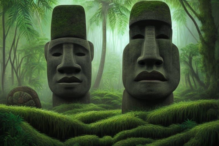 Moss Covered Tiki Gods in Jungle Fantasy