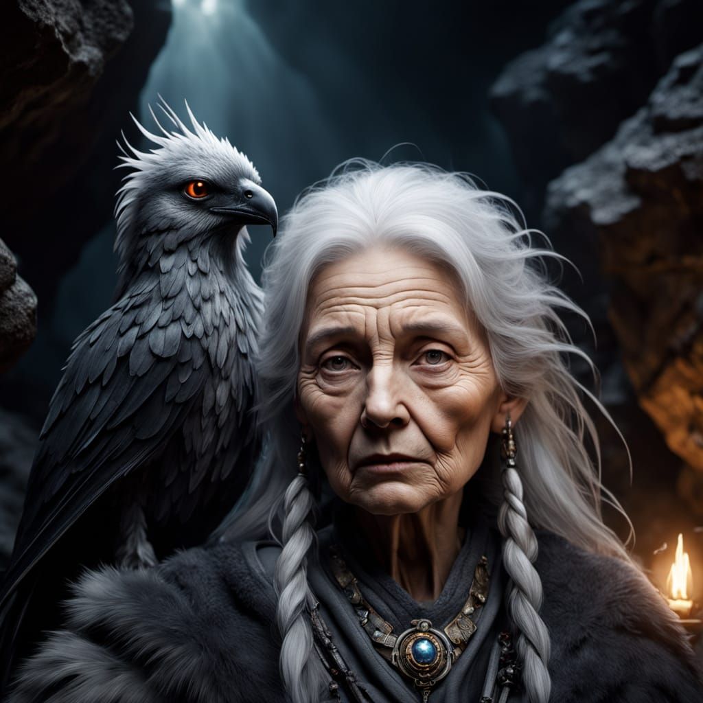 Mysterious Elder Woman at Mountain Cave Entrance