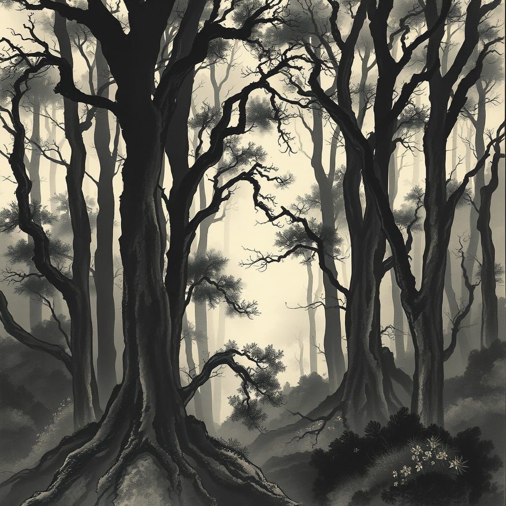 Ancient Forest in Traditional Ink Wash Style