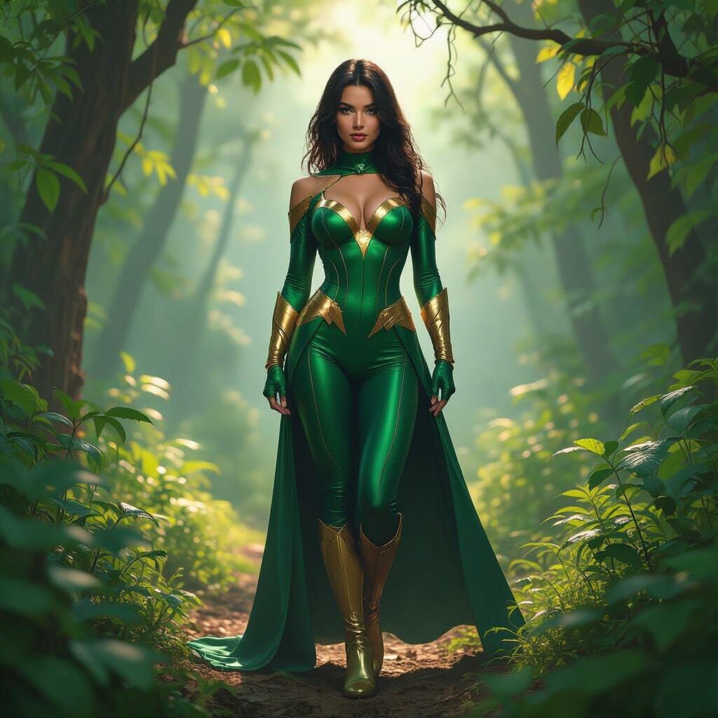 Seductive Female Superhero in Wild Nature, Emerald and Gold ...