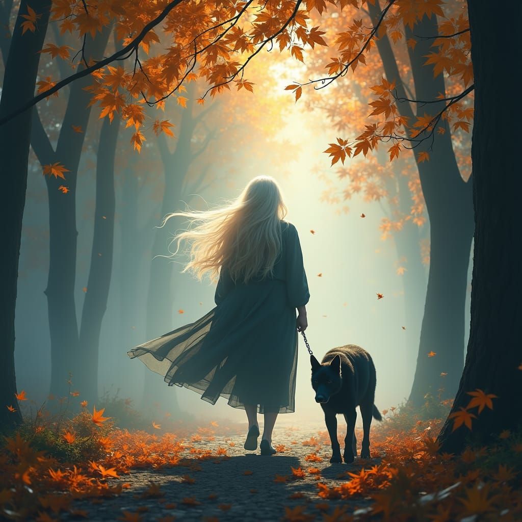 Mystical Woman with Dog in Autumn Fog