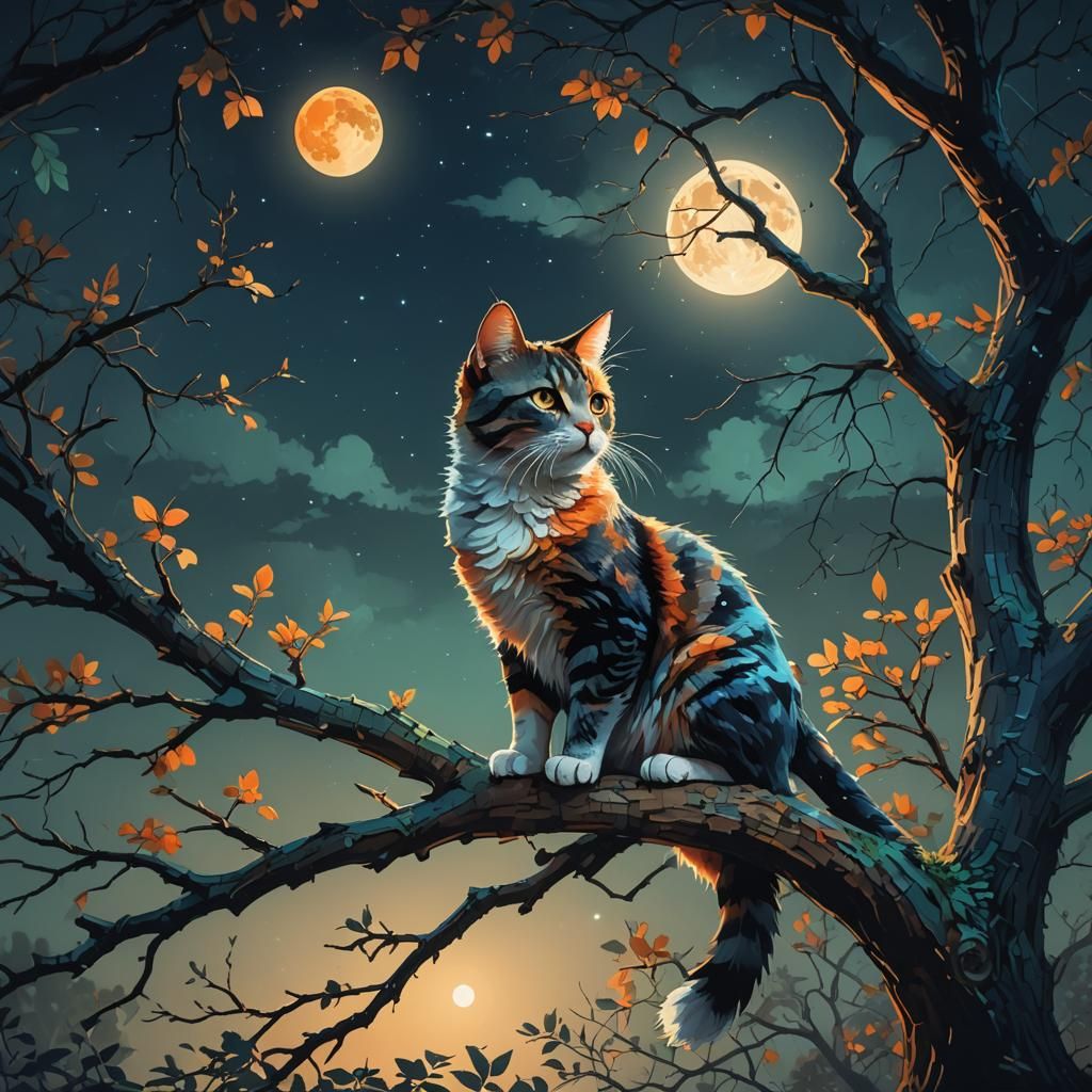 Pixel Art Cat Under Moonlight: Digital Matte Painting