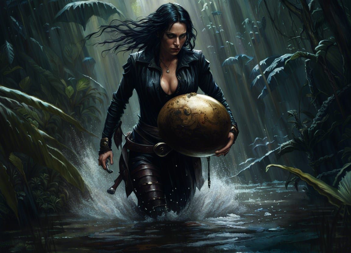 Gothic Pirate Woman with Alien Egg in Jungle