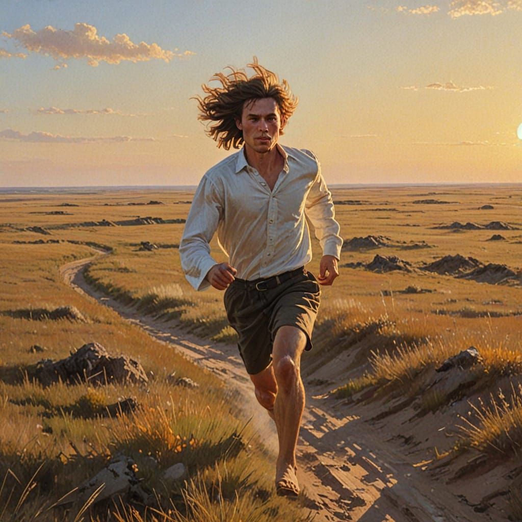 Steppes Runner at Golden Sunset in Russian Realism Style