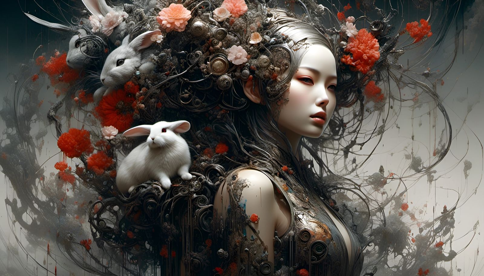 Surreal Bunny Geisha Portrait in Horror Style