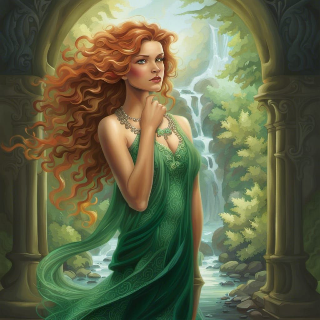 Woman with Emerald Crown in Surrealist Landscape