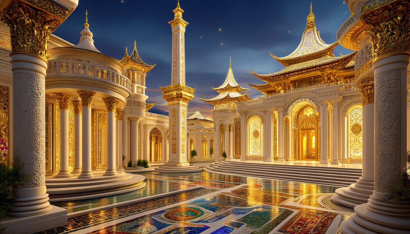Shimmering Stone Dreamscape: Ivory and Gold Architecture