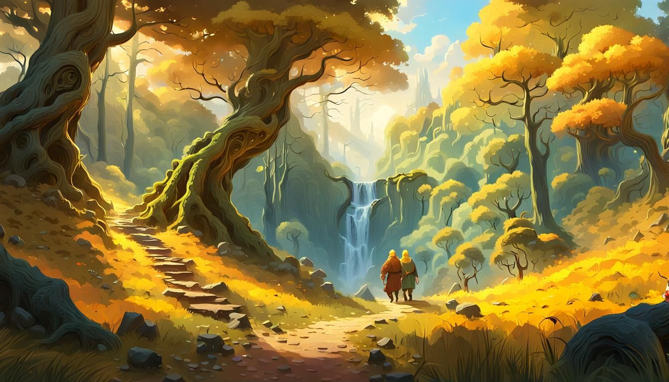 Fantasy Forest Landscape with Dwarves, Digital Illustration