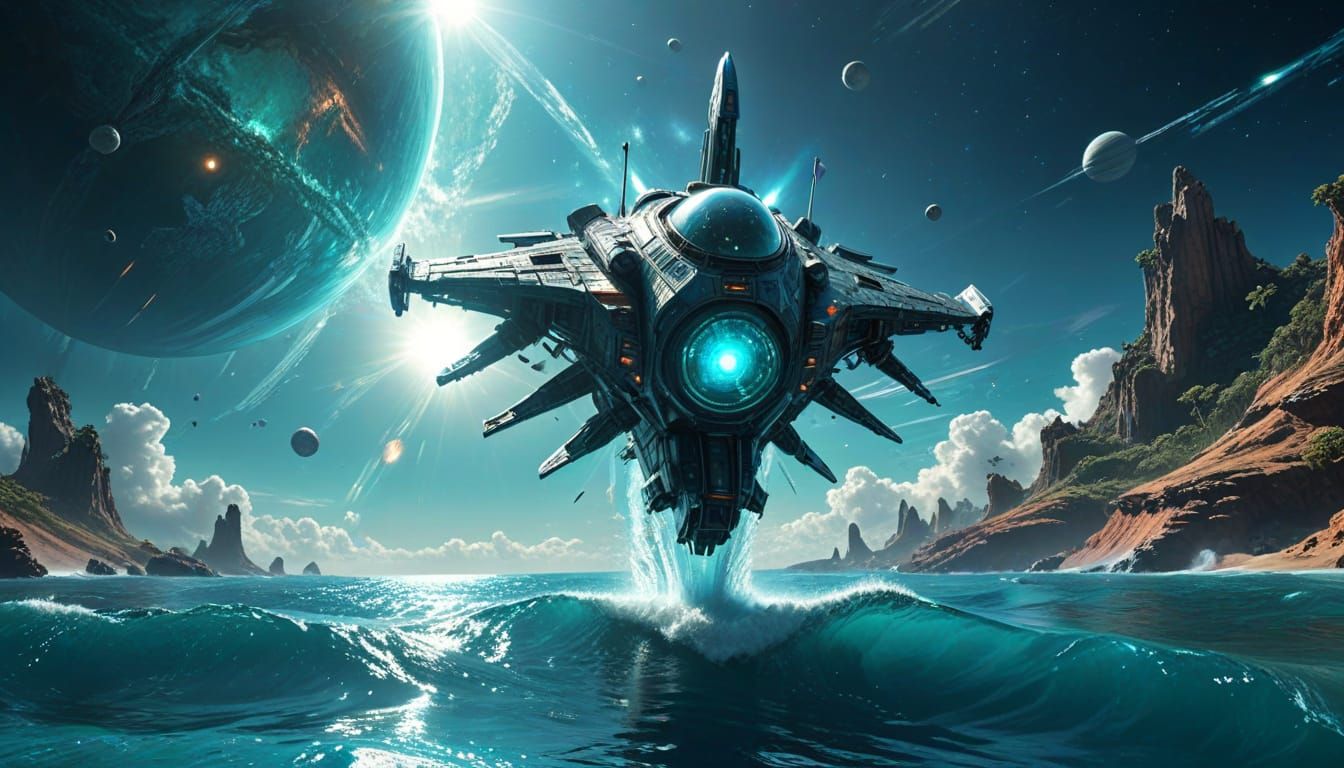 Spacefighter Lifts Off Turquoise Planet with Saturn Rising