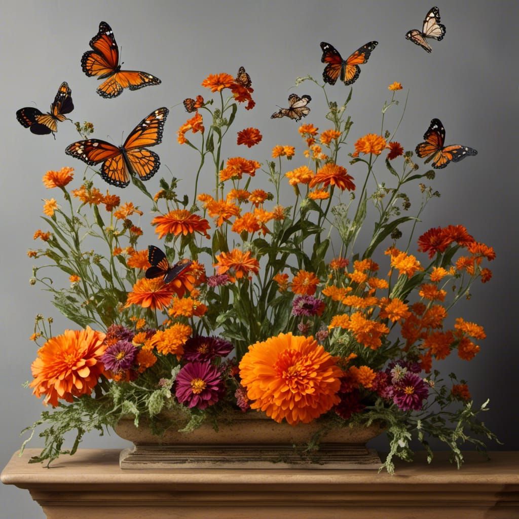 Orange Garden with Monarch Butterflies in Vivid Color