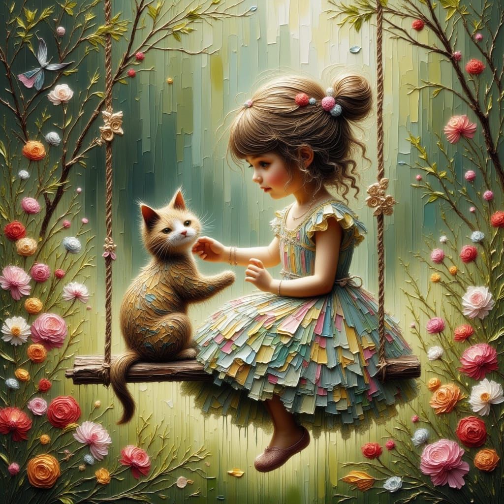 Child Petting Cat on Swing in Flower Garden