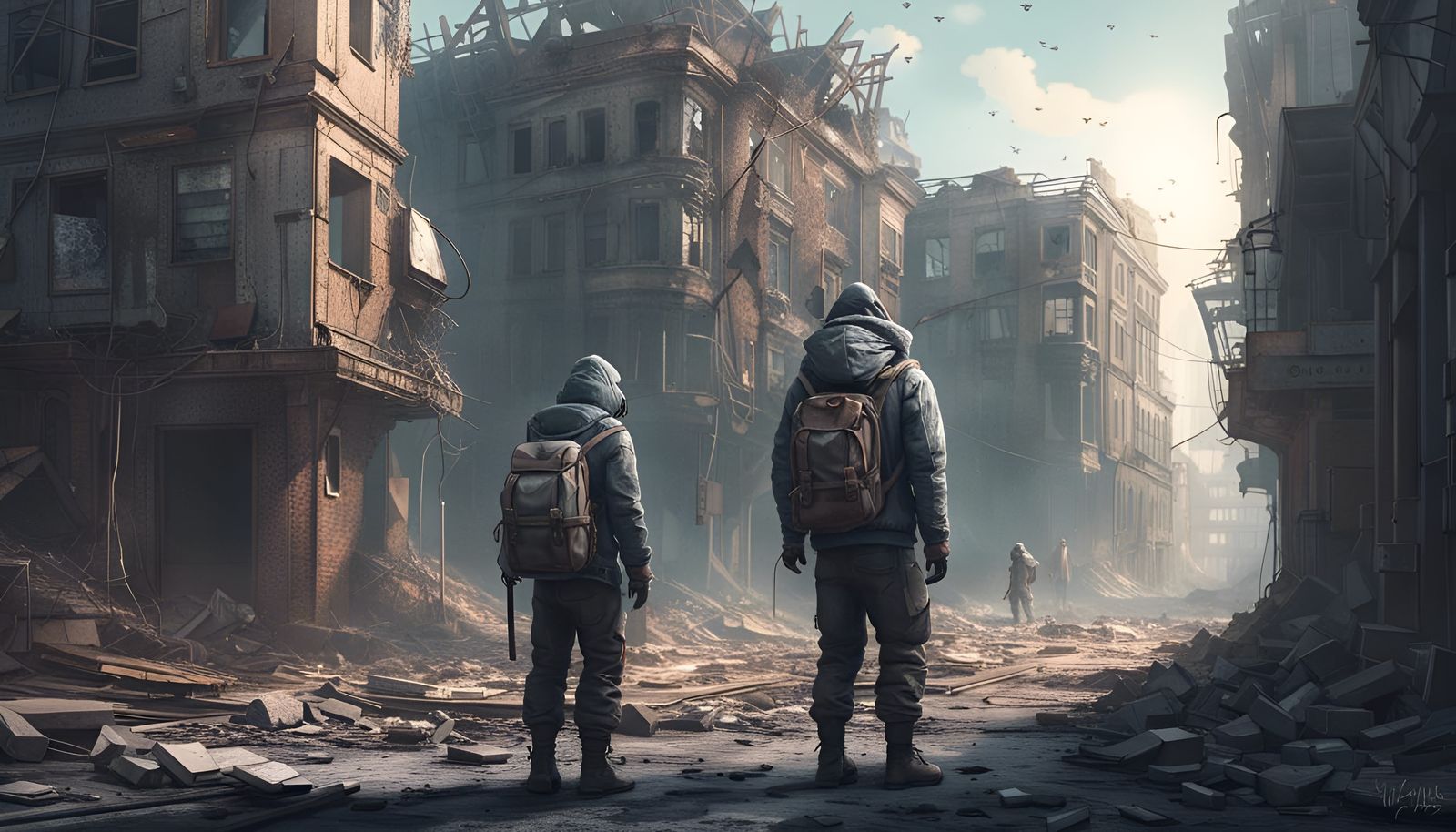 Post-Apocalyptic Traveler in Abandoned City