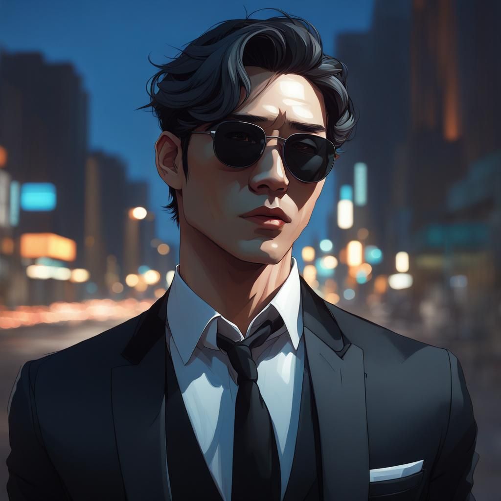 Korean Man in Blue Spotlight: Hyperdetailed Portrait