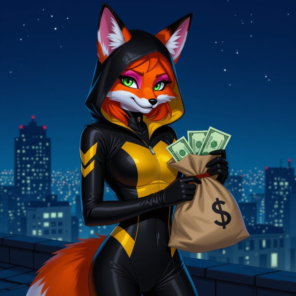 Fox Humanoid in Catsuit on Rooftop, Cinematic Style