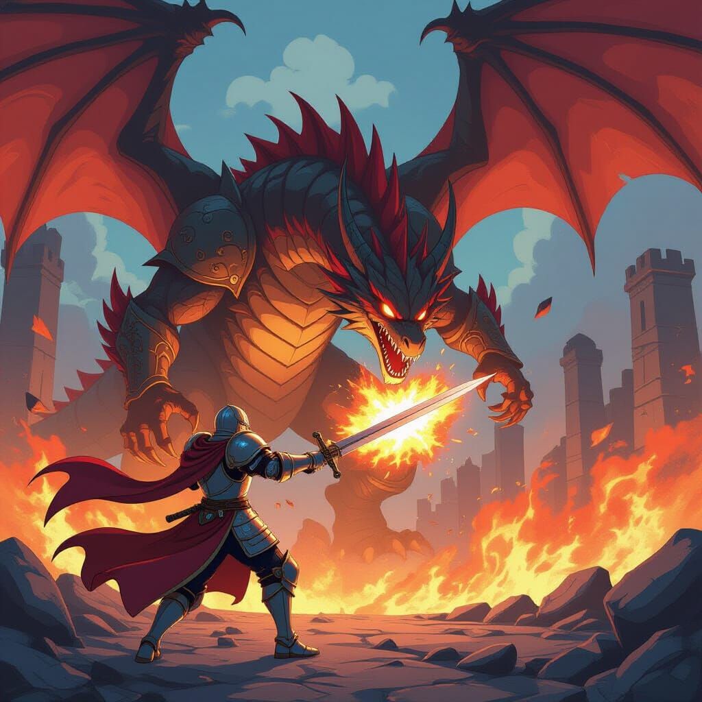 Knight Battles Colossal Dragon in Dynamic Manga Style