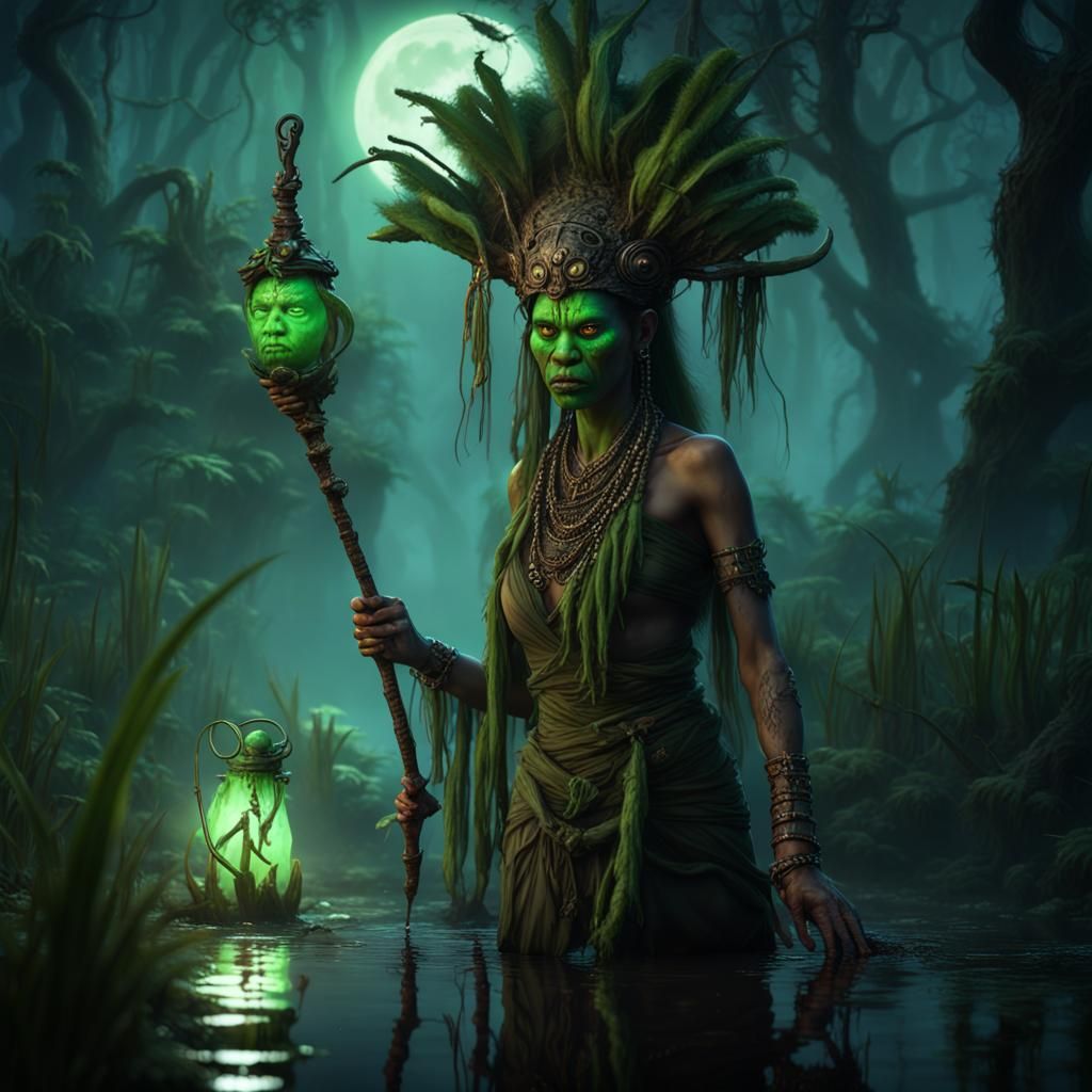 Cambodian Witch Doctor in Moonlit Swamp
