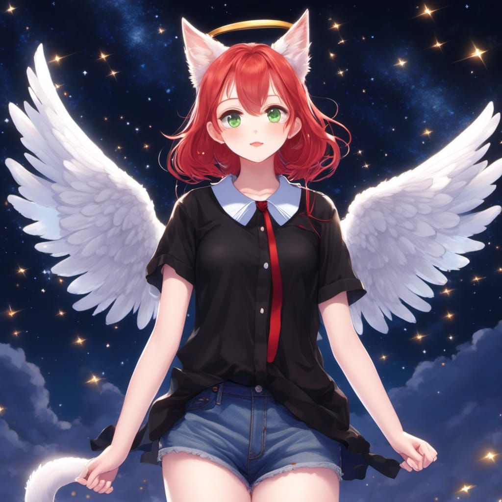 Anime Angel with Cat Ears and Starry Background