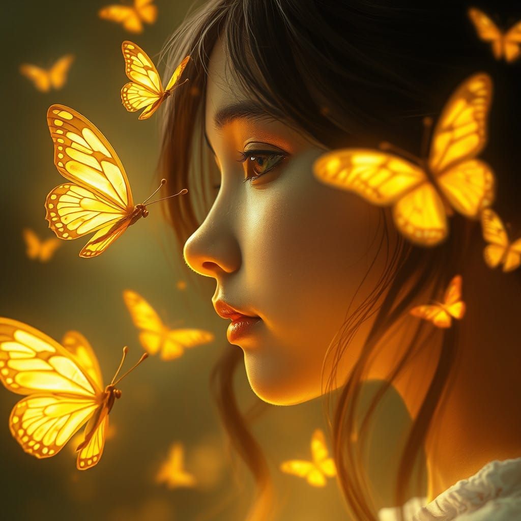 Glowing Butterflies Dance Around a Serene Girl in Whimsical...