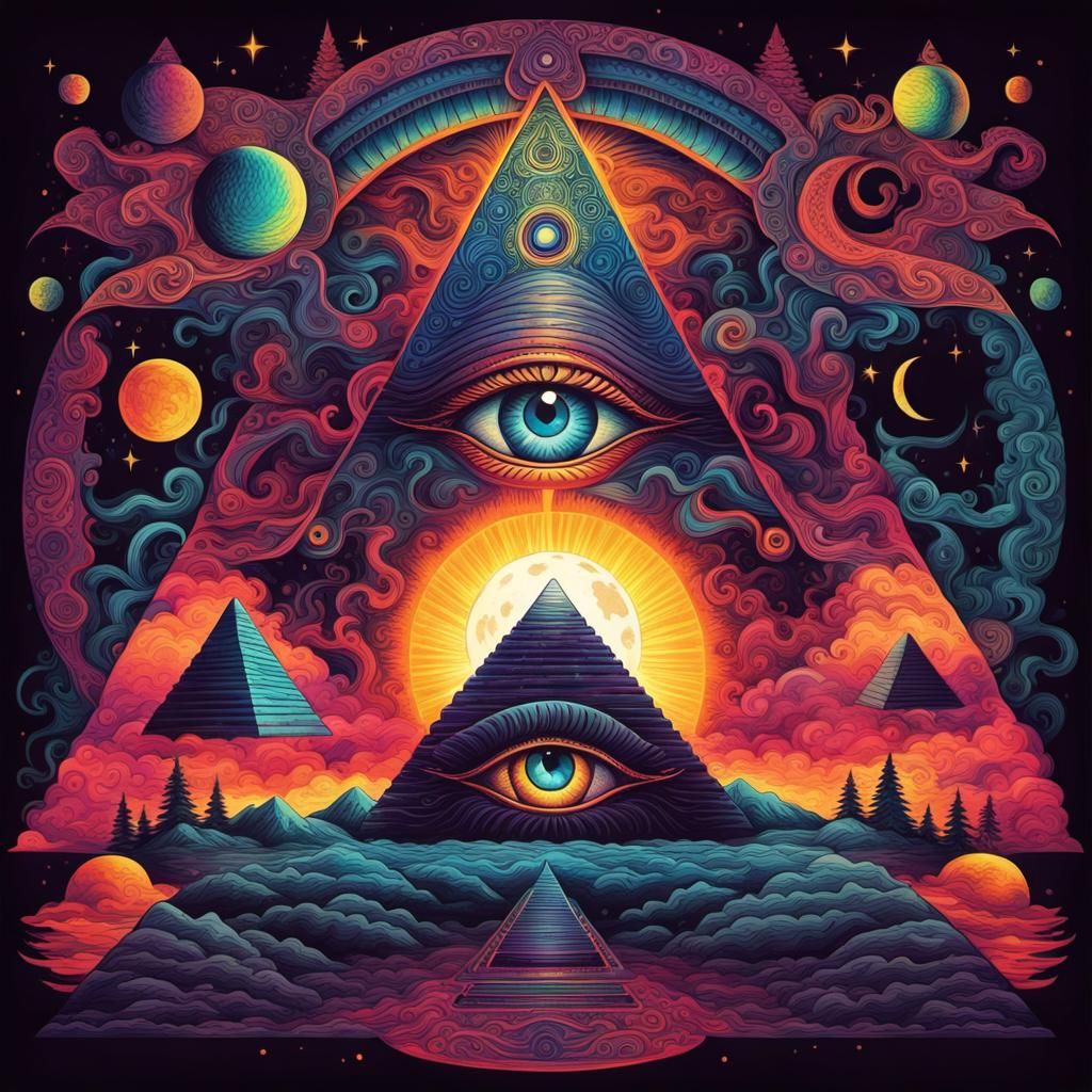 Psychedelic Silhouette: Illuminati Eye Pyramid on the Moon