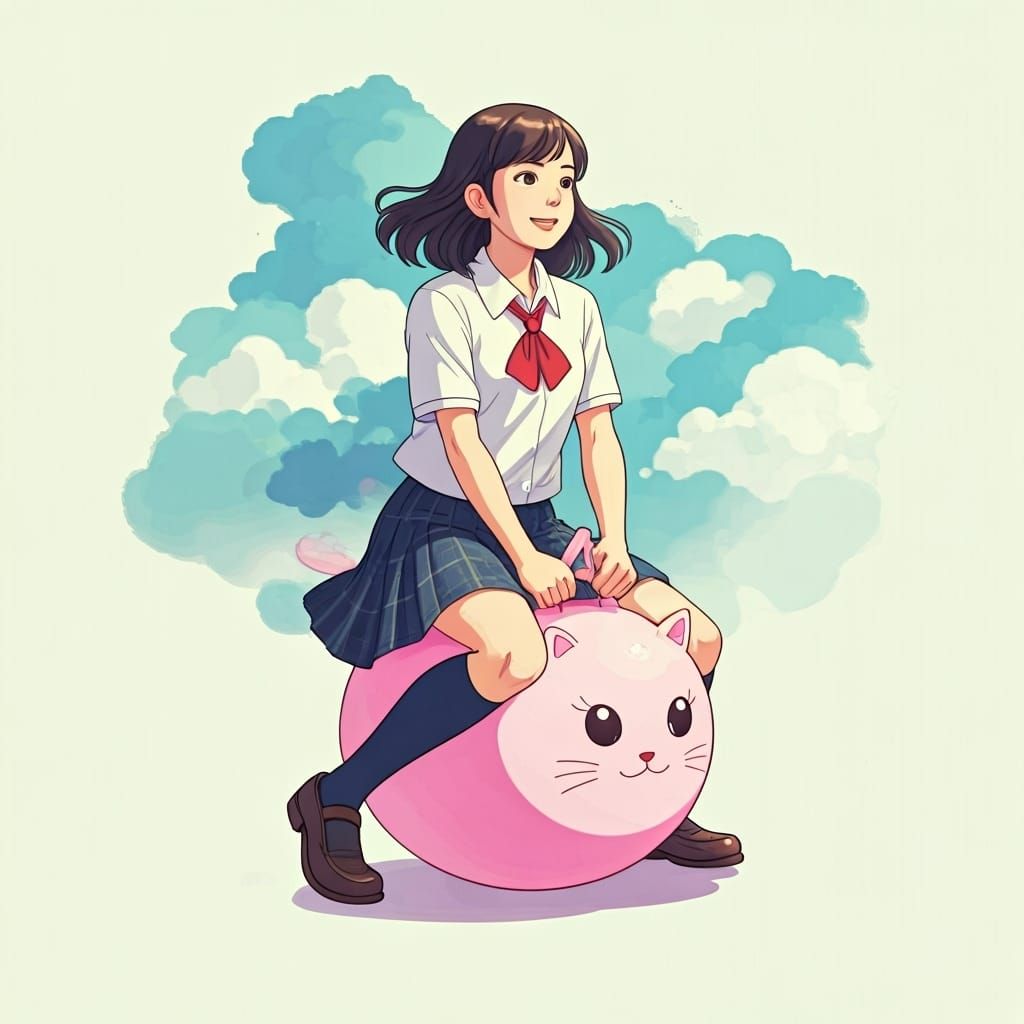 Schoolgirl on Neko Hopper, Ghibli Style