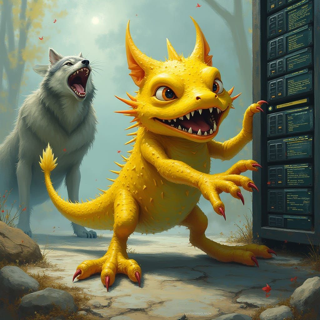 Mischievous Wyvern and Frantic Wolf in Digital Art