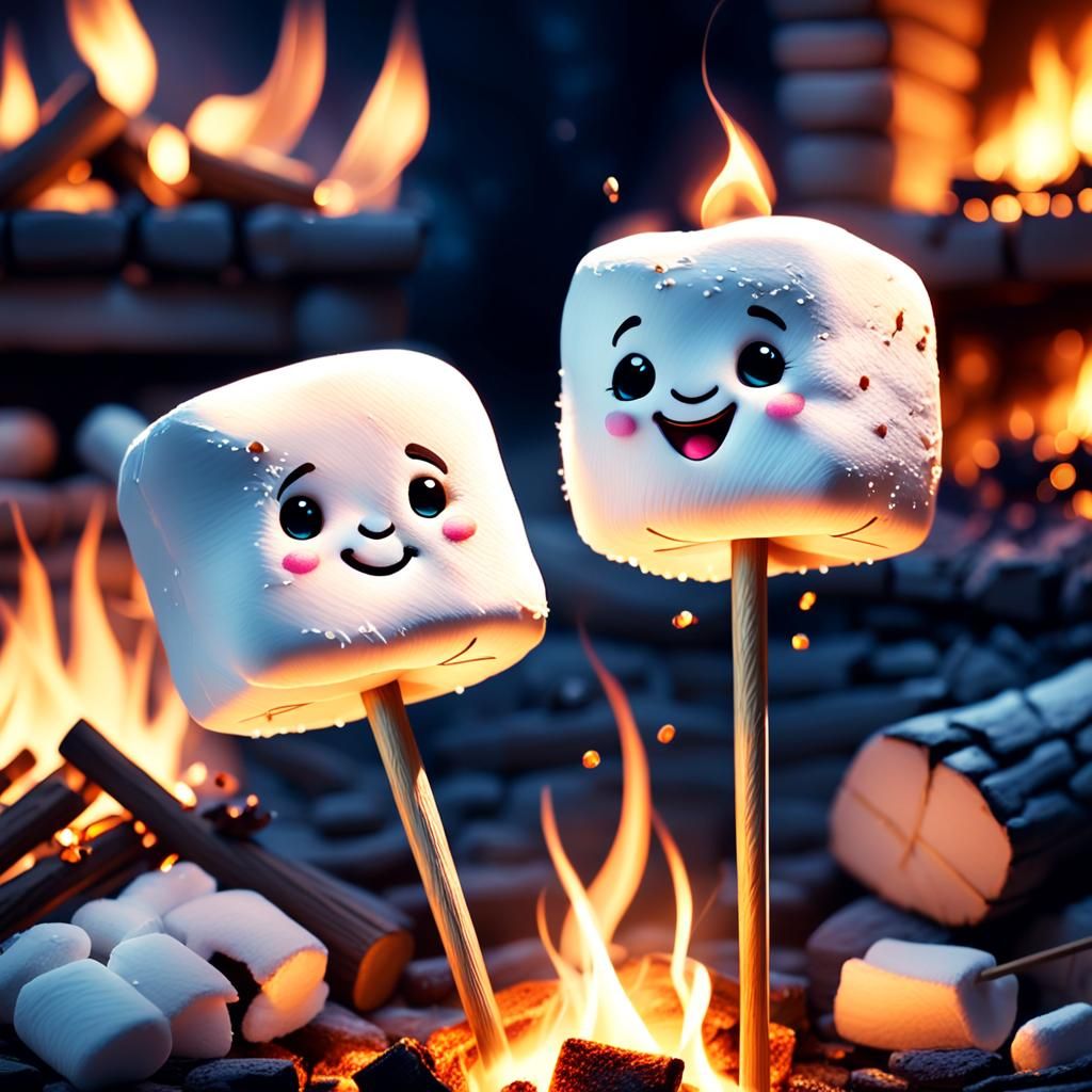 Toasting Marshmallow Illustration with Firelight Glow