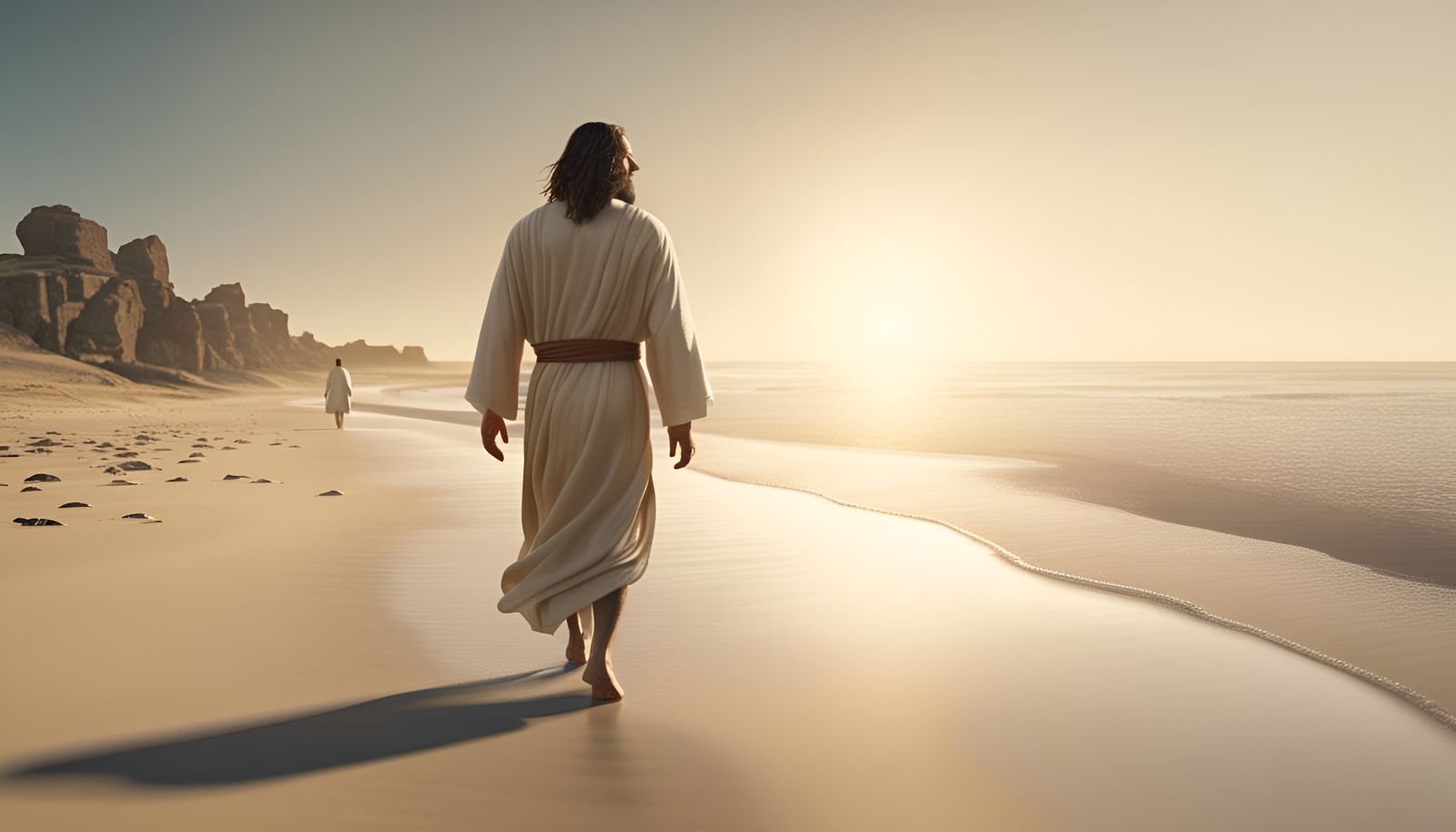 Jesus Walking on Beach: Hyperdetailed Filmic 8K