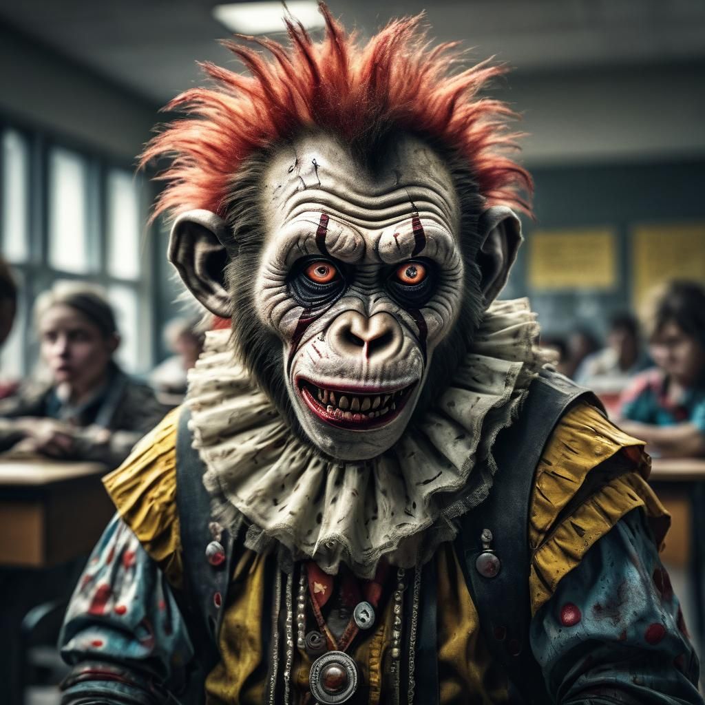 Hyperrealistic Zombie Monkey Clown Crying in School