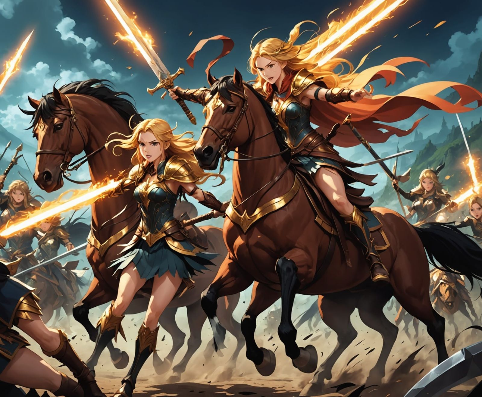 Epic Amazon and Valkyrie Battle with Glowing Weapons