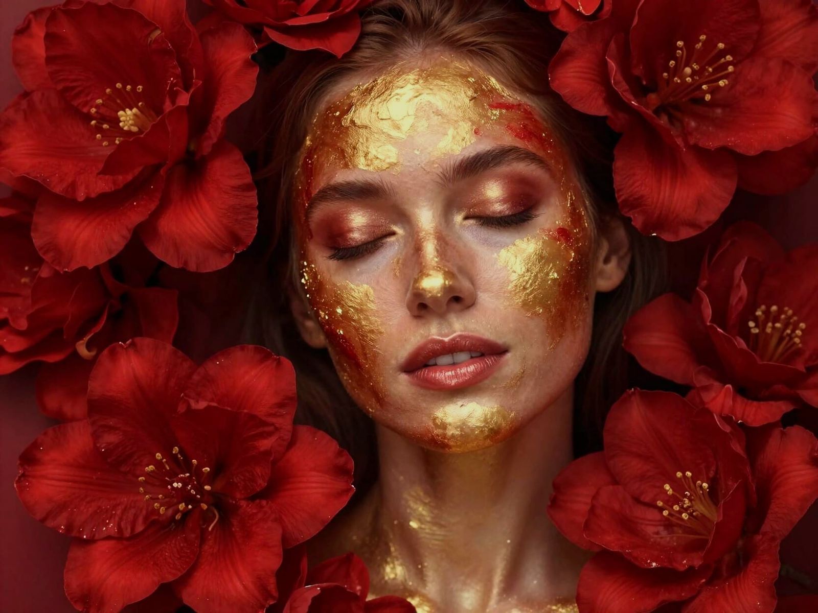 Woman Among Red Flowers with Gold Leaf Details