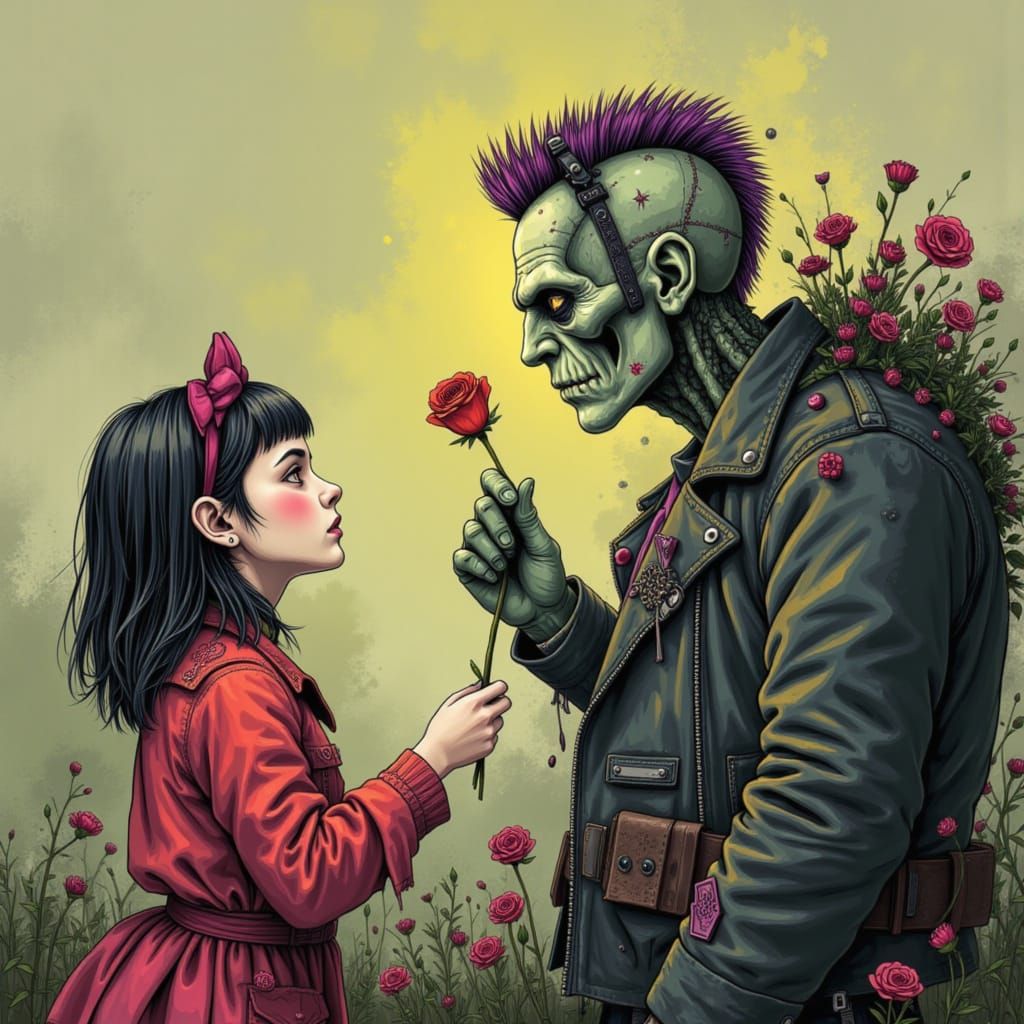Sweet Encounter: Girl Offers Flower to Confused Frankenstein...