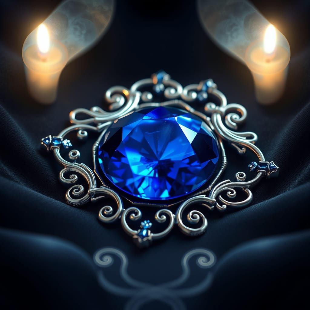 A deep blue siphon Gem from ACOTAR laying on a black cloth as its presented. has silver framing around it. 

Beautiful, ...