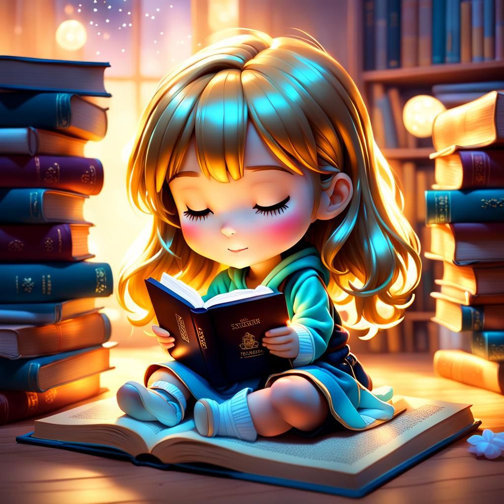 Chibi Girl Sleeping with Book in Digital Art