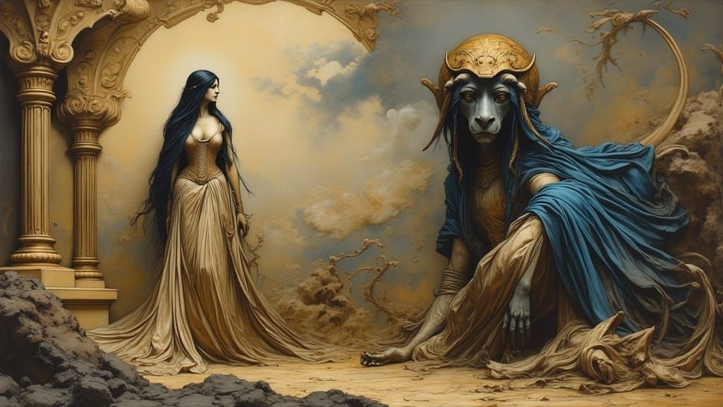 Nefertiti and Anubis in a Surrealist Dreamscape