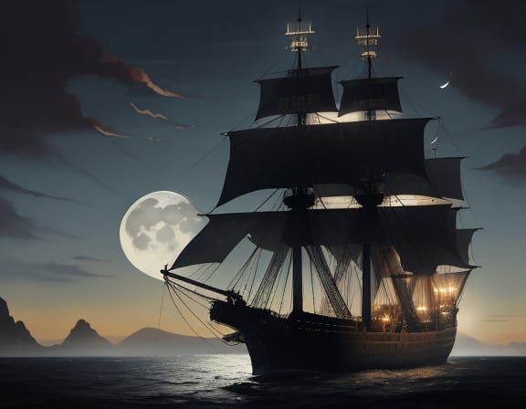 Ominous Moon Behind Man-of-War Ship Masts