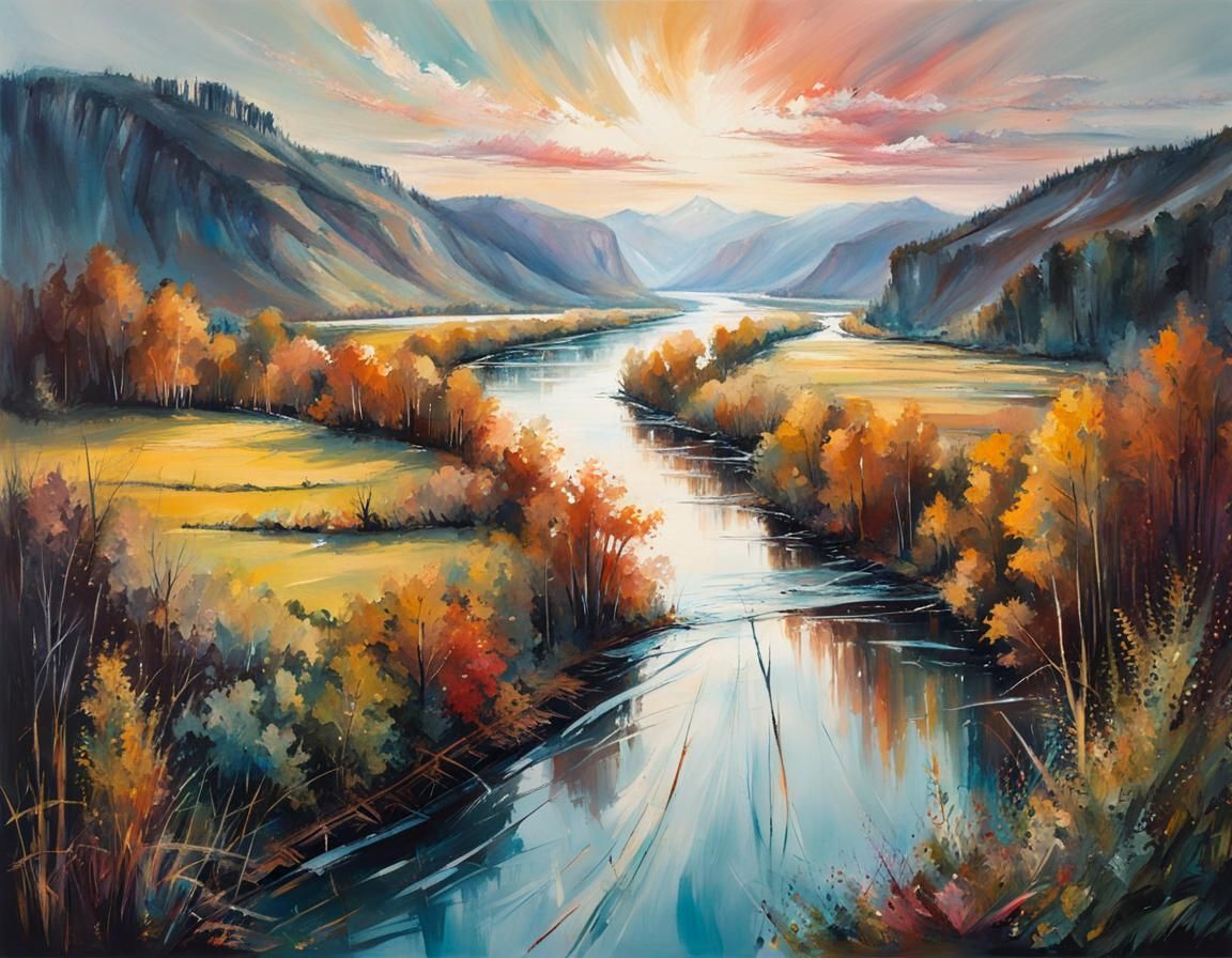 Wide River Landscape in Chalk Art Style