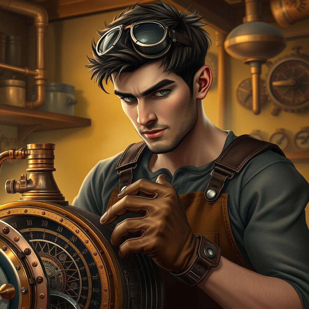Steampunk Mechanic Repairs Washing Machine in Workshop