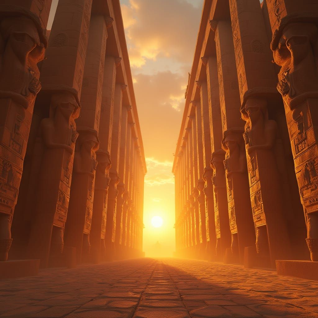 Ancient Egyptian Temple at Sunset with Neon Hieroglyphs