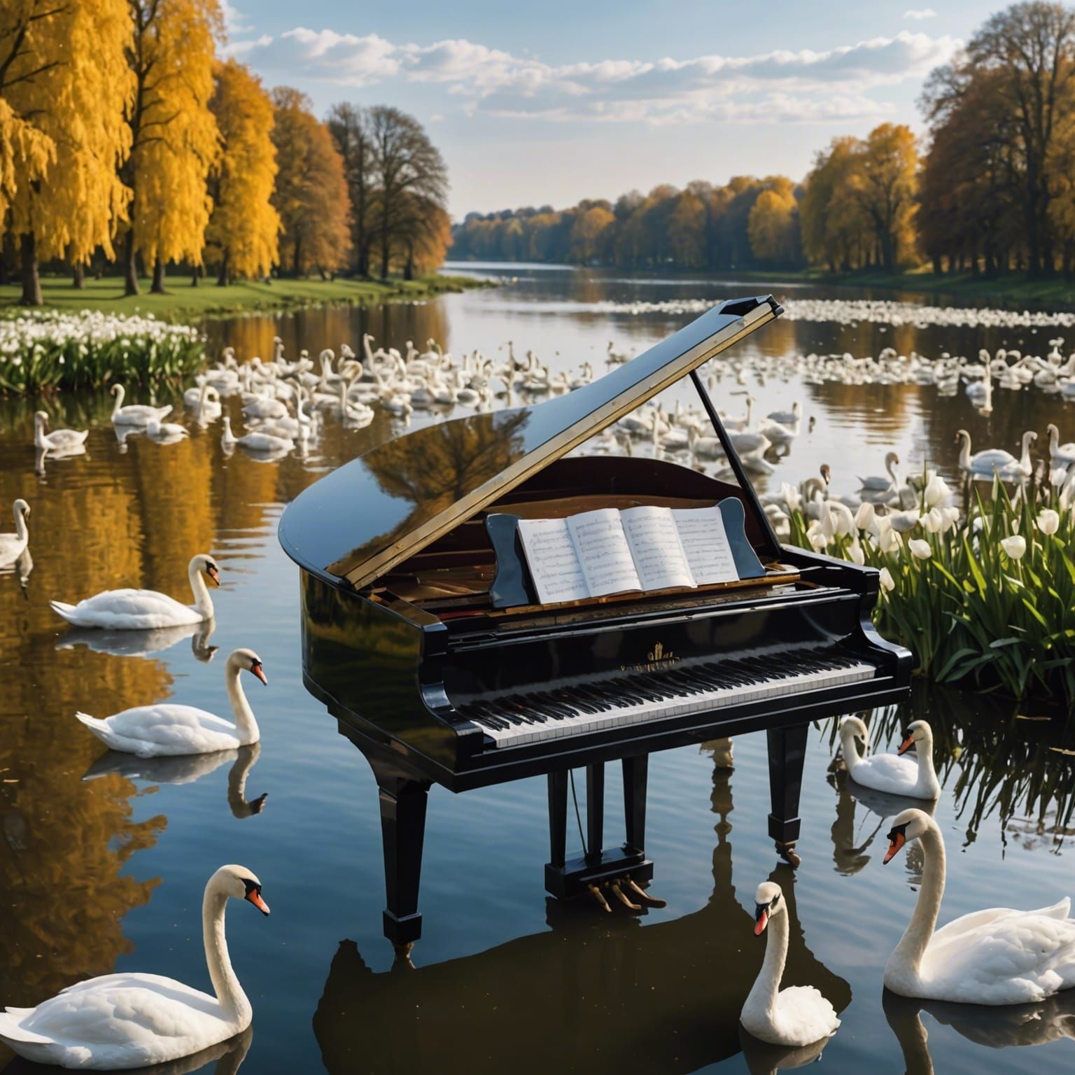 Swan Plays Piano in Dreamlike Lake Scene