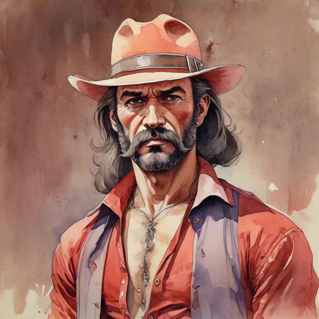 Vintage Moustached Man in Watercolor, Moebius Style