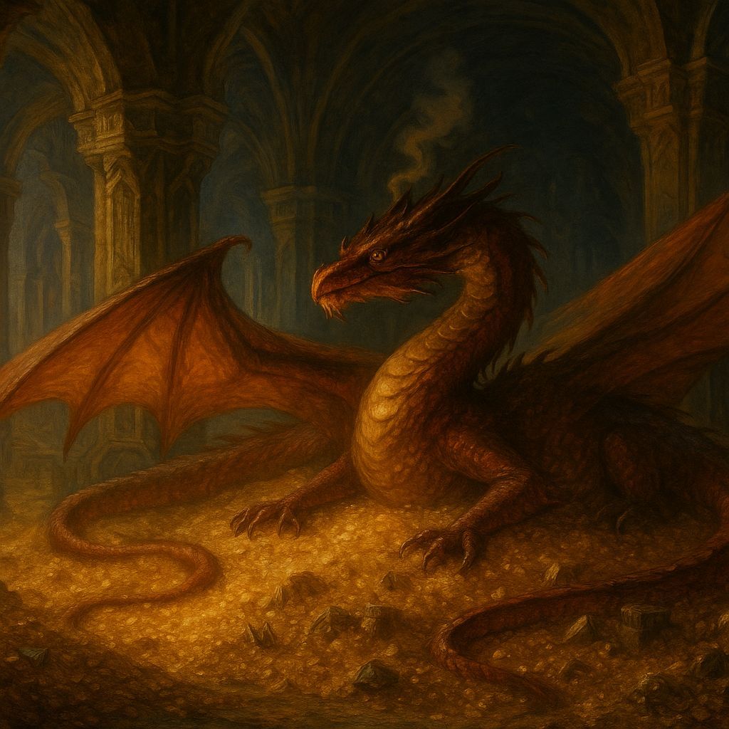 Smaug the Magnificent on Hoard in Erebor Chamber