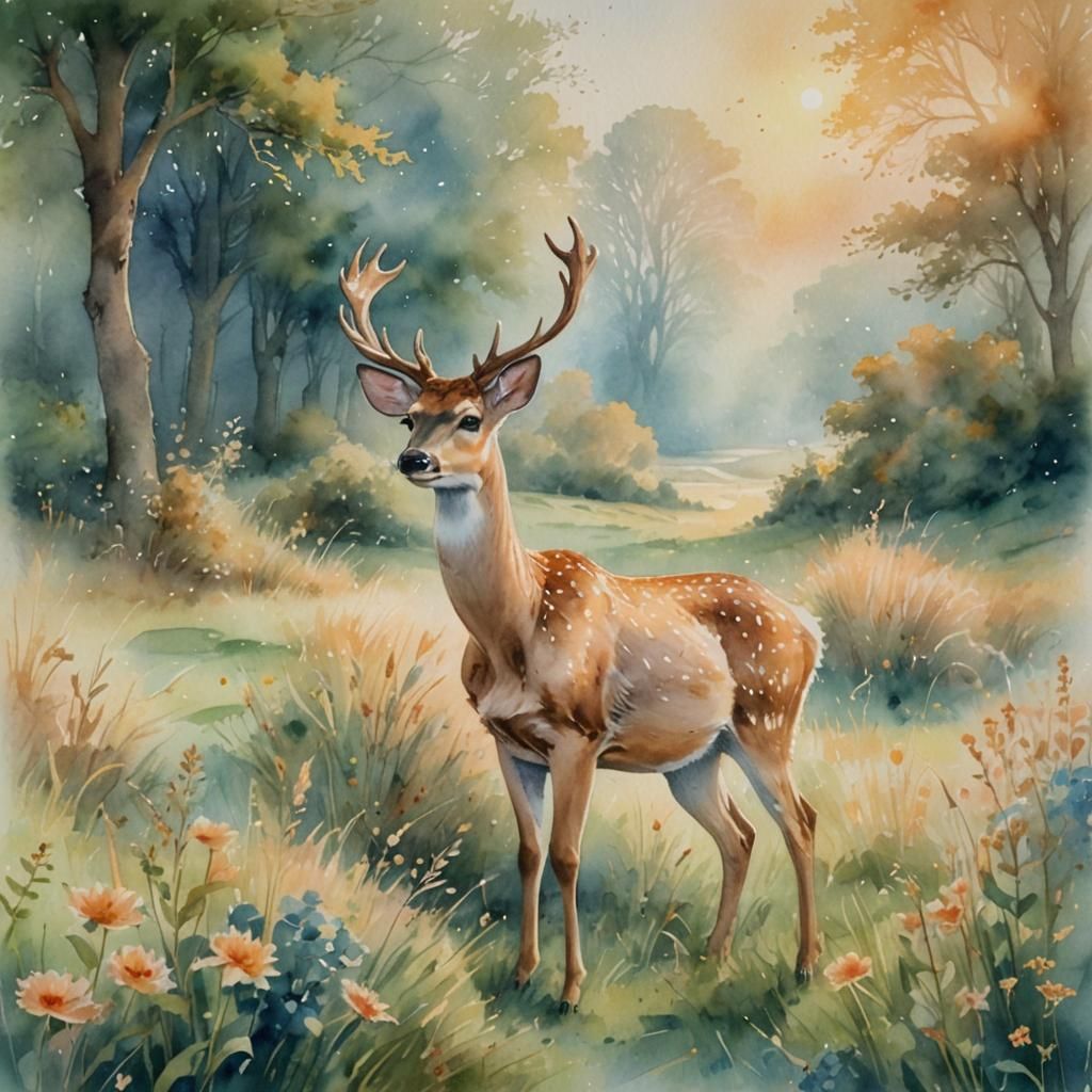 Fallow Deer in English Meadow, Watercolour Art