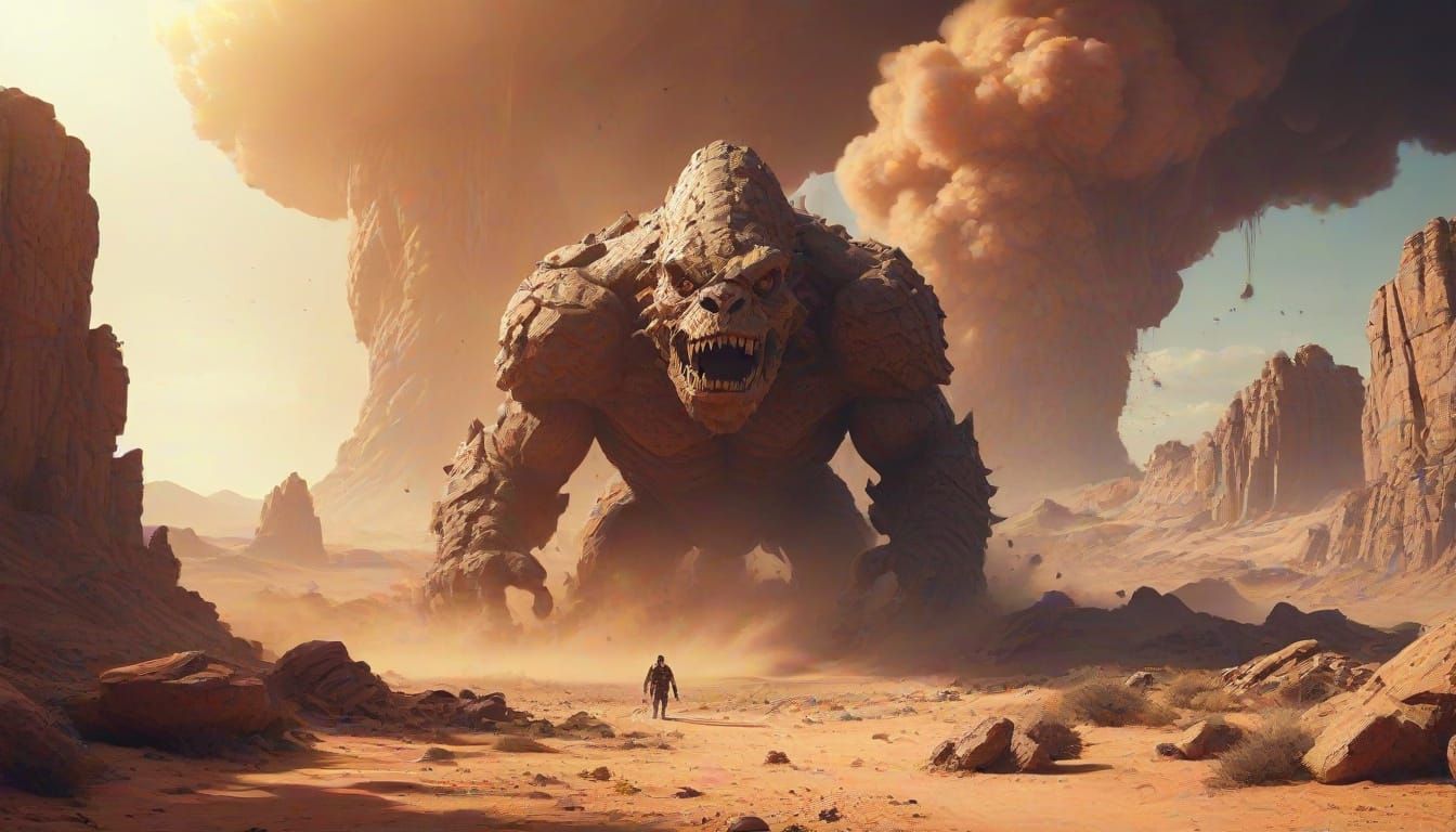 Epic Fantasy Monster Emerges from Desert Ruins in Golden Hou...